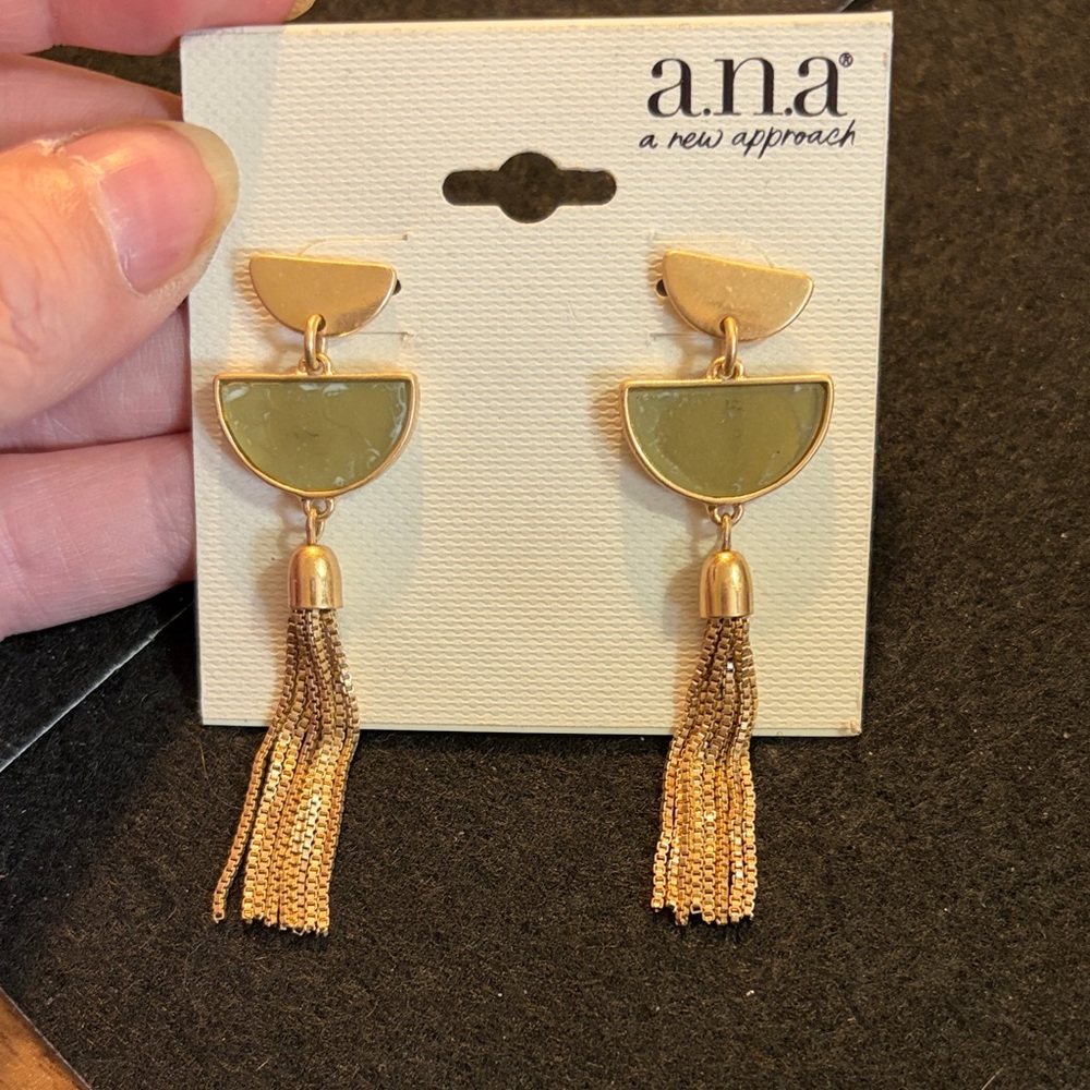 a.n.a Gold-Tone Earrings with Olive Green Semicircles and Tassels